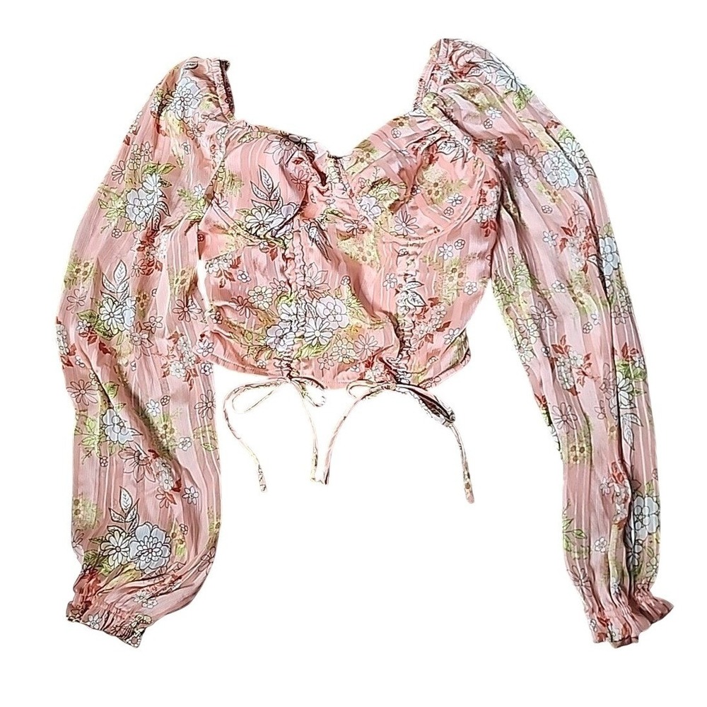 Madden NYC Boho Corset Crop Top Pink Floral‎ Coquette Fairy Cottage Peasant M